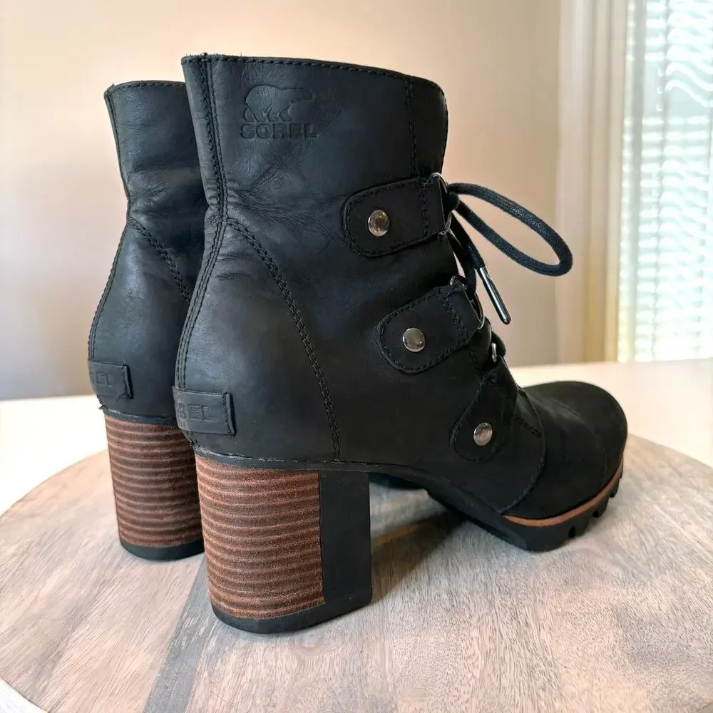 SOREL Addington Boots Women's 8 Black Leather Waterproof Lace Up NL2360-010